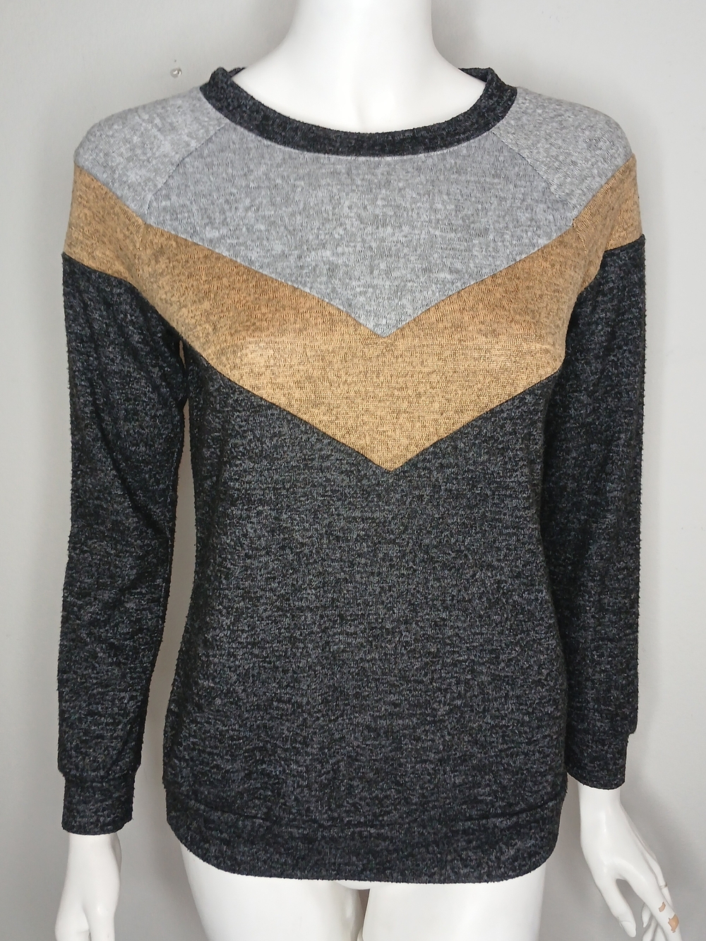 Ultra Flirt Colorblock Chevron Crewneck Sweater - Charcoal, Gray & Yellow